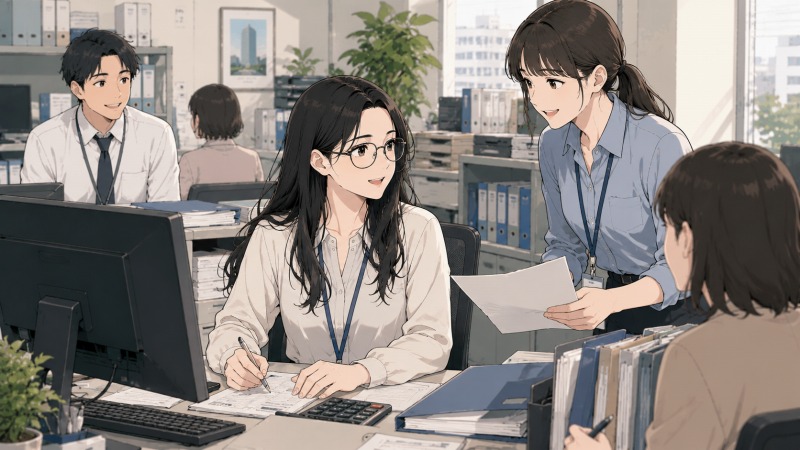 不動産会社の経理事務として働く女性が、同僚たちと笑顔で会話を交わしながら業務を進めている様子。入社当初に感じていた職場の壁が薄れ、周囲と自然に打ち解け始めた30代女性の転職後の変化を描いたシーン。