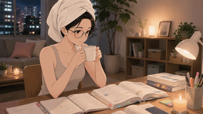 自宅の夜のリビングで、女性がバスローブ姿のままホットミルクを飲みながら宅建資格の勉強をしている様子。机いっぱいに参考書やノートを広げ、不動産会社への転職後も学び続ける30代女性の前向きな努力を描いたシーン。