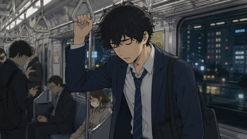 炎上プロジェクトに追われる若手システムエンジニアが、終電間際の電車内でつり革につかまりながら疲れ切った表情を浮かべている様子。深夜の通勤電車とスーツ姿の乗客たちが、IT業界の長時間労働や精神的・肉体的ストレス、転職を決意する前の限界状態を表現しているシーン。