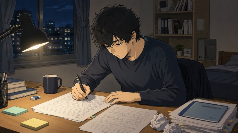 転職活動中の若手男性が、夜の自室でデスクライトを頼りに手書きの職務経歴書を作成している様子。机には履歴書や書類が広がり、仕事後の遅い時間まで転職準備に追われる姿から、在職中の転職活動の大変さや将来への不安と努力が伝わるシーン。