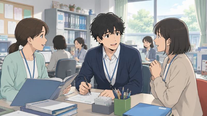 学校事務へ転職した若手職員が、明るい職員室で年齢の離れた同期と笑顔で会話している様子。書類や文具が並ぶ穏やかな職場で、未経験職種への転職後に居心地の良さと安心感を得ているシーン。