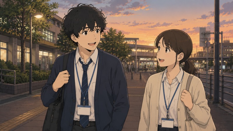 学校事務へ転職した若手職員が、夕方の仕事帰りに同僚と駅まで歩きながら笑顔で会話している様子。残業の少ない働き方と職場の居心地の良さ、転職後の穏やかな日常が伝わるシーン。