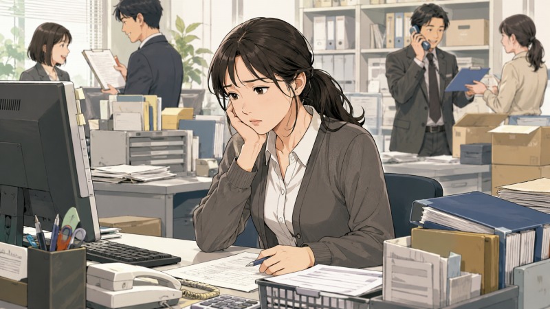 経理職を希望して商社に入社した女性が、実際には購買部門の事務作業や電話対応に追われながら、オフィスのデスクで複雑な表情を浮かべている様子。周囲では同僚たちが忙しく働いており、希望していたキャリアとのギャップに戸惑いながらも、将来の異動を期待して耐える事務職時代の心情を描いた転職体験イラスト。