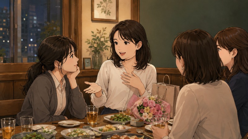 商社で働く女性が、退職してカナダへ語学留学する後輩の送別会で、夢を語る後輩の言葉を羨ましそうに聞いている場面。安定した事務職を続ける自分と、夢のために退職を選ぶ後輩を比べ、転職や将来のキャリアについて考え始める心情を描いたイラスト。