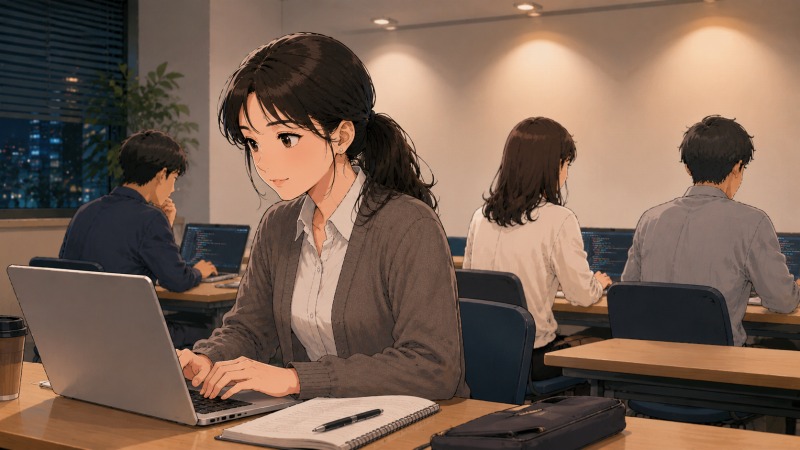 仕事帰りの女性が夜のプログラミングスクールでノートパソコンに向かい、未経験からプログラマーを目指して真剣に学んでいる場面。日中の事務職と夜間学習を両立しながら、転職とキャリアチェンジに挑戦する姿を描いたイラスト。