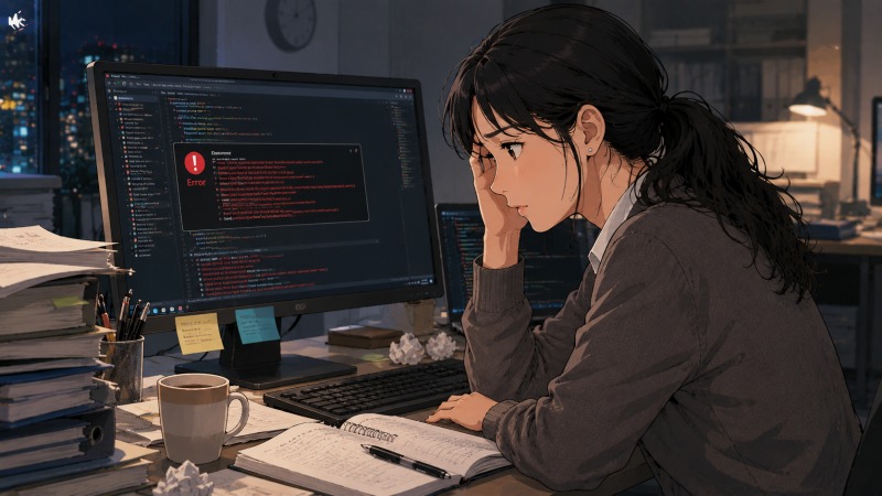 深夜のオフィスで、未経験から転職した女性プログラマーが、エラーだらけのプログラム画面を前に頭を抱えながら悩み込んでいる場面。納期に追われるプレッシャーの中、原因不明のシステムエラーと格闘し、理想と現実のギャップに苦しむエンジニア転職後の日常を描いたイラスト。