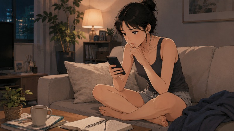 自宅リビングのソファで女性がスマホを見ながら求人を探し、転職先を検討している場面。プログラマー経験後の再就職に悩み、将来の働き方を考える夜の様子を描いたイラスト。