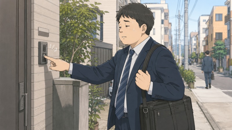 生命保険会社で飛び込み営業を続ける20代男性営業職が、住宅街の一軒家を訪問して緊張した表情でインターホンを押している様子。スーツ姿で営業バッグと資料を抱え、炎天下の中を歩き回る過酷な保険営業の日常と精神的な疲労感が伝わるシーン。