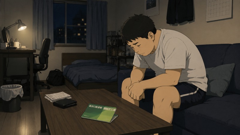 深夜の社員寮の自室で、転職を考え始めた20代男性がソファに座ってうなだれ、テーブル上の貯金通帳を前に働く意味や将来への不安に沈んでいるシーン。