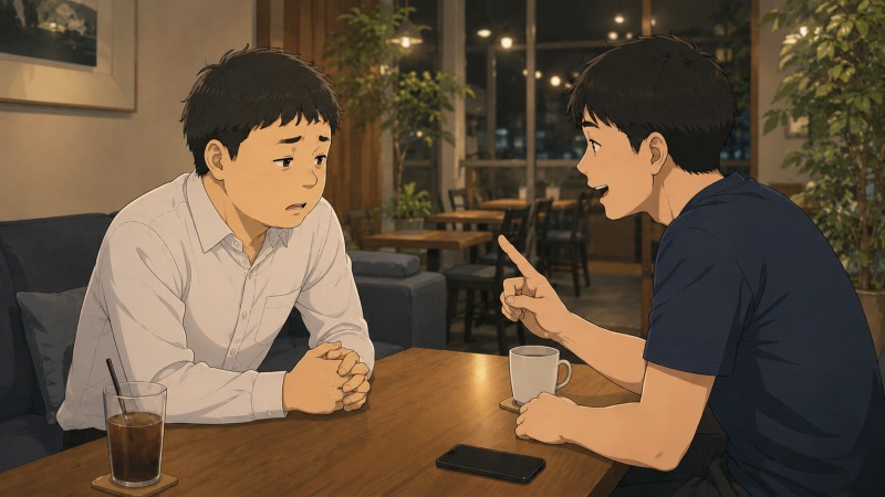 転職活動がうまく進まず焦る20代男性が、夜のカフェで転職経験のある友人に相談し、転職エージェントの利用を勧められているシーン。
