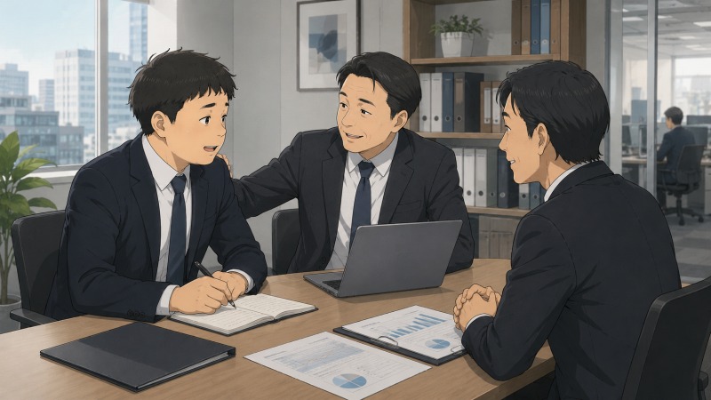 転職後の損害保険会社で、20代男性営業職がスーツ姿で法人向け営業の打ち合わせに参加し、上司の丁寧なフォローを受けながら営業の流れを学んでいるシーン。
