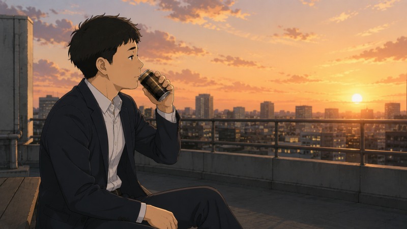 法人向け損害保険会社に転職した20代男性営業職が、会社ビルの屋上でスーツ姿のまま缶コーヒーを飲みながら夕焼けの街並みを眺めているシーン。過酷だった前職から離れ、穏やかな職場環境の中で将来や働き方について前向きに考え始めている様子。