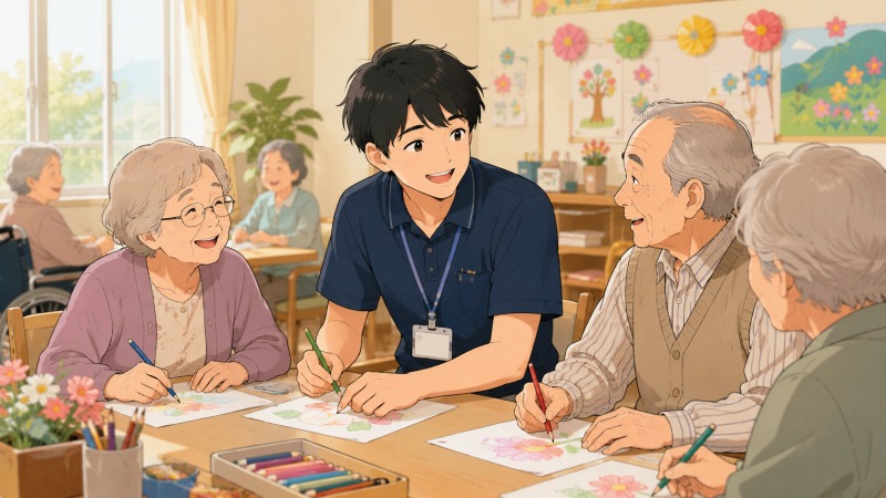 老人ホームの明るいレクリエーションルームで、29歳の男性介護士が高齢者と一緒に花の絵を描きながら笑顔で交流している、介護職時代のやりがいと利用者の笑顔を表現した転職体験談のイラスト。