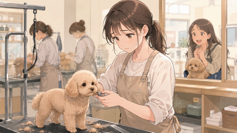 ペットショップのトリミング台で小型犬を丁寧にカットする29歳女性トリマー。自信なさげな表情を浮かべながらも、飼い主の喜ぶ姿を支えに働く転職前の仕事風景。