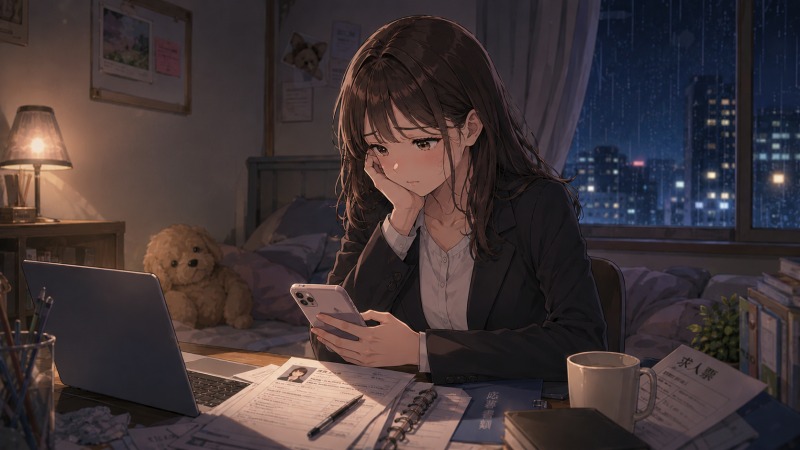 転職活動に苦戦する29歳女性が、夜の自室で履歴書や求人票に囲まれながら母親からの励ましを受け取る場面。未経験の事務職転職への不安と希望が入り混じる。