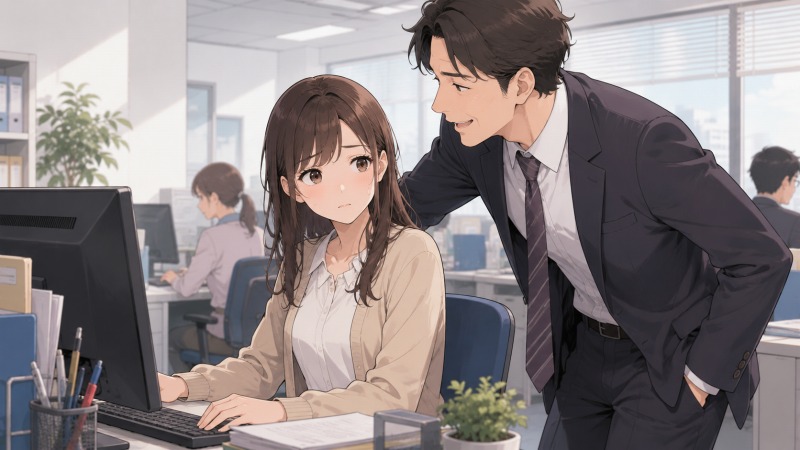 未経験で事務職へ転職した女性が、オフィスでPC作業を行う場面。人間関係には恵まれながらも、距離感の近い上司に不快感を抱いている職場の様子。