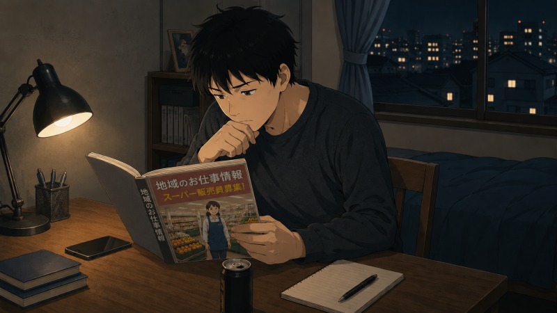 夜の自室で、20代男性が求人誌のスーパー販売員募集を見つめながら転職を考えている。工場勤務を辞め、未経験の接客業で誰かの役に立つ仕事を探す場面。