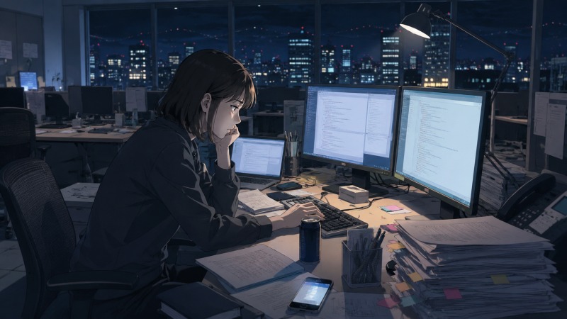 深夜の都内オフィスで、29歳の女性システムエンジニアが複数モニターに囲まれながら残業しているイラスト。終電後の静かな職場で、疲労を抱えながらも責任感から仕事を続ける様子が描かれている。