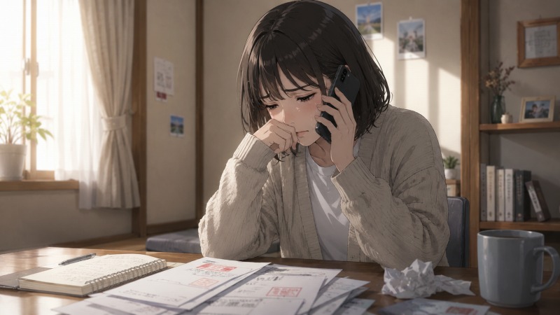 転職活動中の29歳女性が、実家の部屋で父親と電話をしながら涙をこらえているイラスト。不採用通知や履歴書が机に置かれ、精神的に追い詰められながらも家族に頼る決意をした場面を描いている。