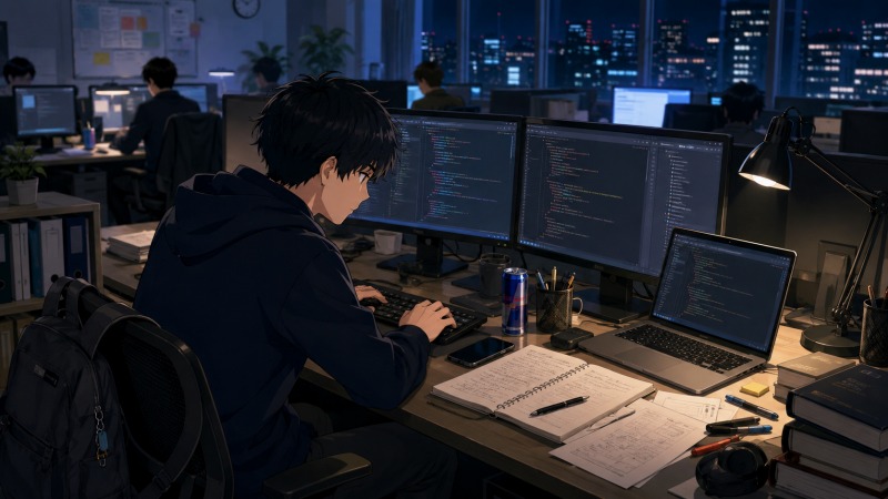 夜のIT企業オフィスで、20代男性SEが複数モニターに囲まれながらシステム開発を行っている。青白いモニター光の中、ノートPCやメモが並ぶデスクで集中して作業する姿から、ITエンジニアとして働く日常と長時間労働前の没入感が伝わる。