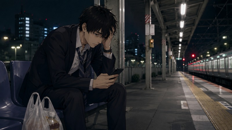 終電間際の駅ホームで、疲労した20代男性システムエンジニアがベンチに座りスマホを見つめている。乱れたスーツ姿と暗い表情、人気の少ない深夜の駅が、月100時間超の残業に苦しみ転職を考え始めた心境を表している。
