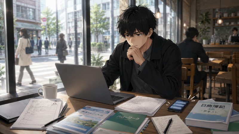 昼のカフェで、20代男性がノートPCと求人資料を前に転職活動を進めている。履歴書やハローワーク資料、通知が届くスマホを見つめながら、不安を抱えつつ未経験で経理職への転職を模索している場面。