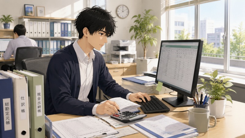 自然光が差し込む会計事務所で、20代男性経理スタッフがパソコンと帳簿を使って落ち着いて業務を行っている。整理されたデスクや穏やかな表情から、SEから経理へ転職後、ワークライフバランスを改善した働き方が伝わる。