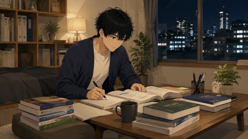 夜の自宅で、20代男性が税理士資格の教材を広げて勉強している。暖色の照明に包まれた部屋で静かに学習を続ける姿から、転職後に生活を立て直し、将来に向けて資格取得を目指す前向きな日常が感じられる。