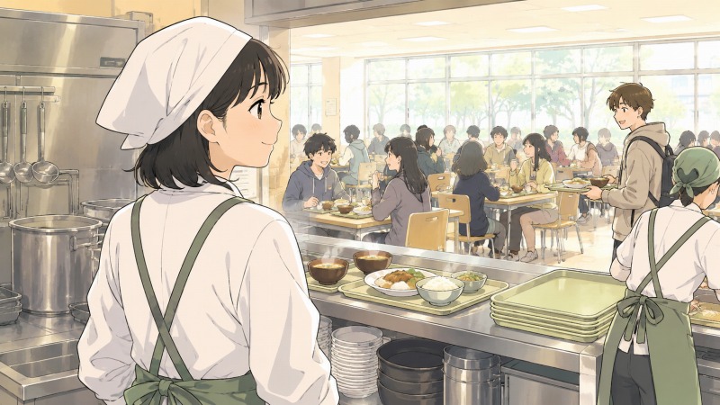 大学の学生食堂で、白衣とエプロン姿の20代女性栄養士が、ランチタイム後の賑わう食堂を見つめながら微笑む様子。学生対応や店舗運営にやりがいを感じていた転職前の働く日常を描いたイラスト。
