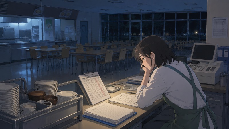 閉店後の暗い学生食堂で、女性栄養士が売上表と書類を前に一人で座り込み、不安そうな表情を浮かべる様子。赤字経営や厳しいノルマ、リストラ勧告に追い詰められた転職前の心境を表現したイラスト。