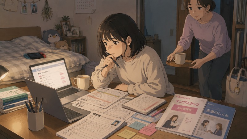 実家の部屋で、未経験から事務職への転職を目指す女性が、ノートパソコンで求人を探しながら履歴書を作成している様子。母親が飲み物を差し入れ、不安と決意が入り混じる転職活動中を描いたイラスト。