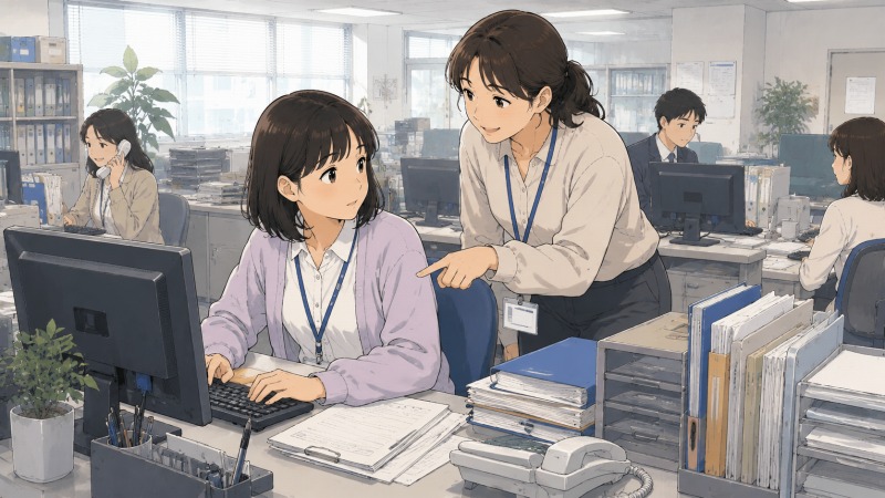 明るいオフィスで、事務職へキャリアチェンジした20代女性が、先輩社員に教わりながらパソコン入力を行う様子。未経験から一般事務として再スタートし、周囲の支援を受けながら成長していく職場風景のイラスト。
