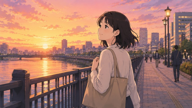 夕焼けの川沿いを歩きながら、事務職として働く女性が穏やかな表情で空を見上げる様子。リストラをきっかけにキャリアチェンジし、新しい働き方や前向きな人生の変化を実感している転職体験談のイラスト。