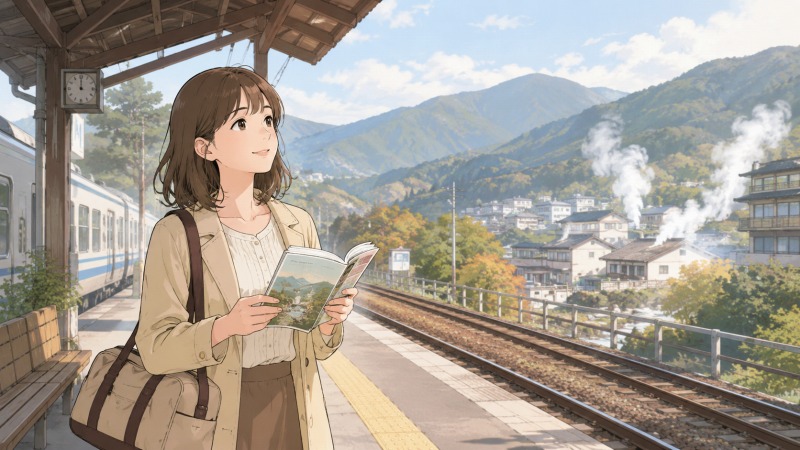 温泉旅行が趣味の35歳女性事務職が、地方のローカル駅ホームで旅行ガイドを手に電車を待ちながら、山あいの温泉街を穏やかな表情で眺めている。転職前の自由で充実した独身生活を描いたシーン。