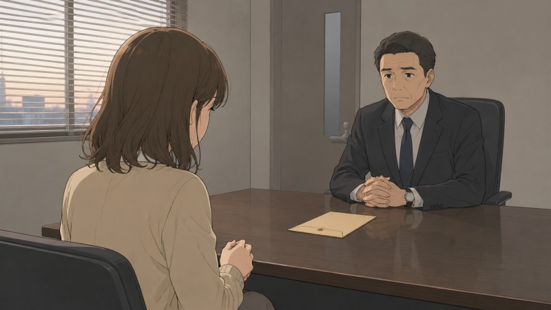 プラスチック製造会社で働く35歳女性の一般事務職が、夕方の会議室で人事部長から退職勧告を受け、机上の封筒を前に静かなショックを受けている。リストラ通告の緊張感を描いた場面。