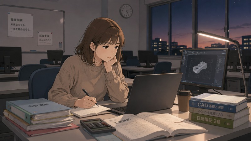 失業保険を受けながら再就職を目指す35歳女性が、夜の職業訓練校のパソコン教室で会計とCADを学習している。教材やノートPCに囲まれ、不安を抱えつつスキルアップに励む転職活動中のシーン。