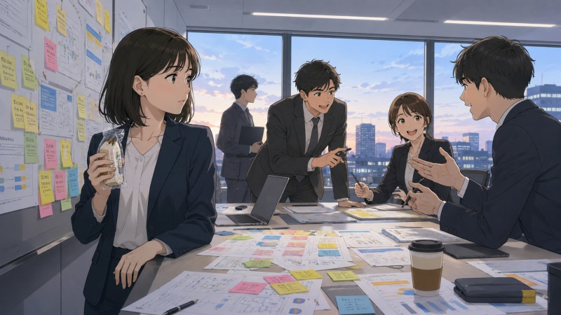 早朝のコンサルティング会社の会議室で、30代女性営業職が研修企画の付箋や資料に囲まれながら、成長意識の高い同僚たちの議論に加わろうとしている様子。コンビニ朝食を片手に、競争の激しい職場で成果を求め続ける緊張感と、仕事中心の生活への疲労感が伝わる転職前のシーン。
