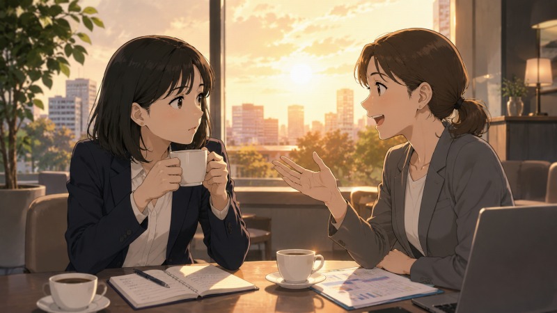 夕方のカフェで、コンサル会社勤務の30代女性が取引先の女性人事担当と会話をしている場面。休日に旅行や買い物を楽しむ話を聞きながら、自分もワークライフバランスのある働き方をしたいと強く感じ、転職を意識し始めた瞬間を描いたシーン。