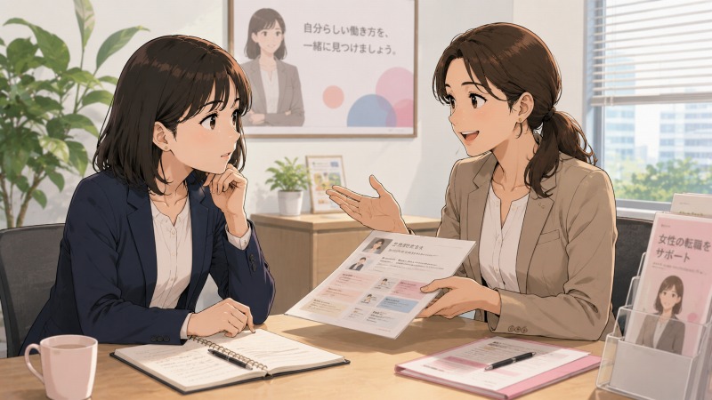 女性向け転職エージェントの面談ブースで、30代女性が女性キャリアアドバイザーに人事職への転職相談をしている様子。履歴書や求人資料を前に、不安を抱えながらも「仕事とプライベートを両立できる職場」を探し、新しいキャリアへの希望を見出している転職活動中のシーン。
