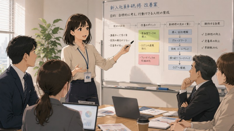 人材開発会社の会議室で、未経験から人事職へ転職した30代女性が、新入社員研修の改善提案をプレゼンしている場面。前職のコンサル経験を活かしながら研修改革に挑戦し、上司や同僚から徐々に信頼を得ていく、キャリアチェンジ後の成長を表現したシーン。