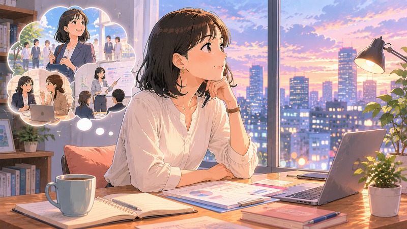 仕事終わりの自宅で、30代女性が東京の夜景を眺めながら、転職後の働き方と今後のキャリアについて考えている様子。ワークライフバランスを実現した安心感と、将来的には女性の働き方を支援するキャリアアドバイザーを目指したいという前向きな想いが感じられるシーン。