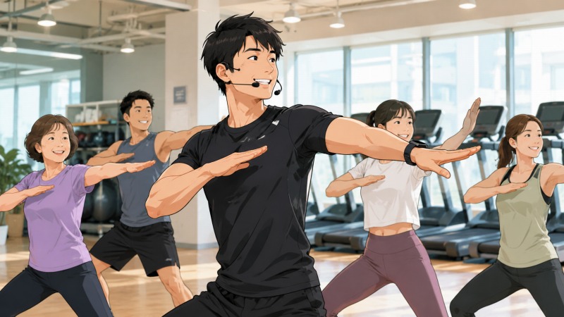 大型スポーツジムで30歳の男性インストラクターが、幅広い年代の会員にグループレッスンを指導している様子。笑顔で身体を動かす参加者たちと、健康づくりを支える充実感のある空気が描かれた、スポーツジム転職体験談のシーン。