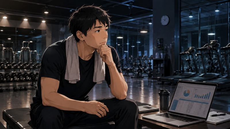 営業終了後の静かなスポーツジムで、男性インストラクターが一人ベンチに座り、今後のキャリアについて悩んでいる様子。安定した仕事への停滞感と、新しい挑戦を考え始めた30代転職前の葛藤を表現したイラスト。