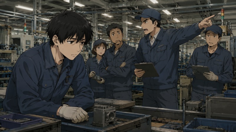 大手製造メーカーの工場で、指示が変わり続けるリーダーに振り回され、疲弊した表情で作業をする30代男性派遣社員のイラスト。同僚たちも困惑しており、職場ストレスや人間関係の悩み、転職を決意する直前の心理状態を描いている。