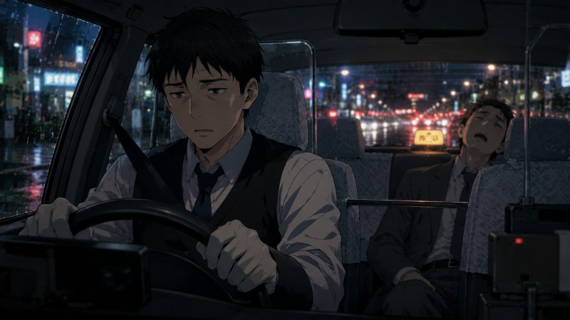 深夜の雨の街を走るタクシー車内で、疲れ切った表情の30代男性タクシー運転手が酔客を乗せて運転しているイラスト。転職後の不規則勤務や接客ストレス、収入減による疲弊と後悔をリアルに描写している。