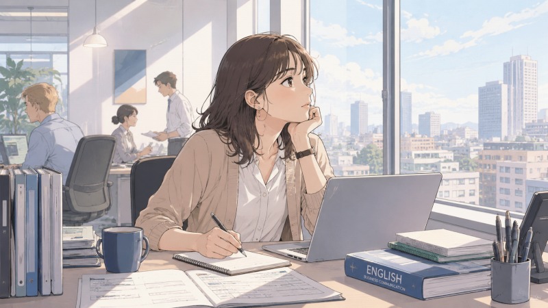 外資系の貿易会社で派遣事務として働く36歳女性が、英語の書類やノートPCに囲まれながら窓の外を見つめている。海外とのやり取りに憧れ、英語を活かせる仕事を求め続ける一方で、現在の働き方に物足りなさを感じている様子を描いた転職体験談のイラスト。