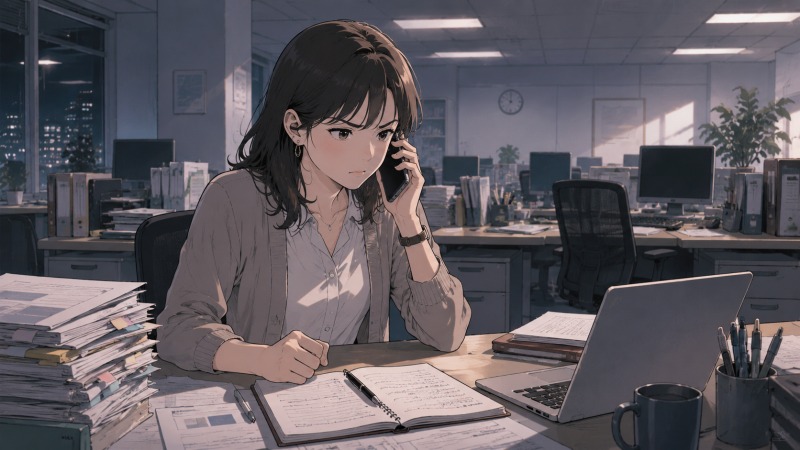 休日勤務を突然求められた夜のオフィスで、36歳の女性派遣社員がスマートフォンを握りしめながら退職を決意している。契約条件の変更に不信感を抱き、静かな怒りと葛藤の中で転職を決断する瞬間を表現したイラスト。