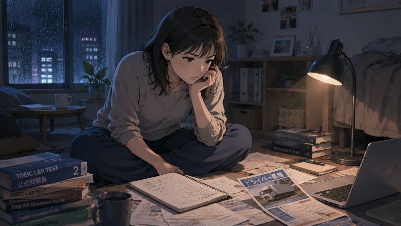 雨の降る夜のワンルームで、女性が床に広げた英語教材やドライバー求人を前に悩み込んでいる。英語を活かした仕事への未練と、一人で働ける職種を求める気持ちの間で葛藤しながら、自分に合う働き方を模索している転職活動中のイラスト。