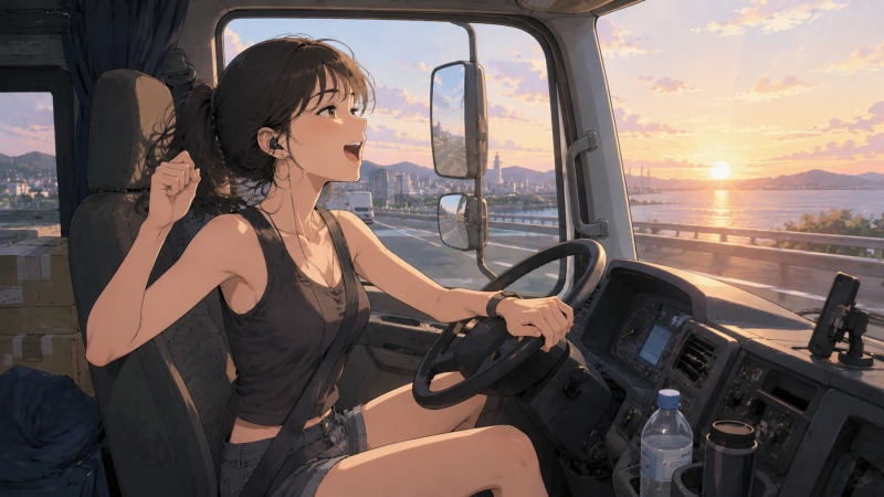早朝の道路を走るトラックの運転席で、36歳女性ドライバーが朝日を浴びながら洋楽を口ずさんでいる。一人で働く配送業務の気楽さや、自分のペースで働ける喜びを感じながら、新しい仕事に前向きに向き合う転職後の様子を描いたイラスト。