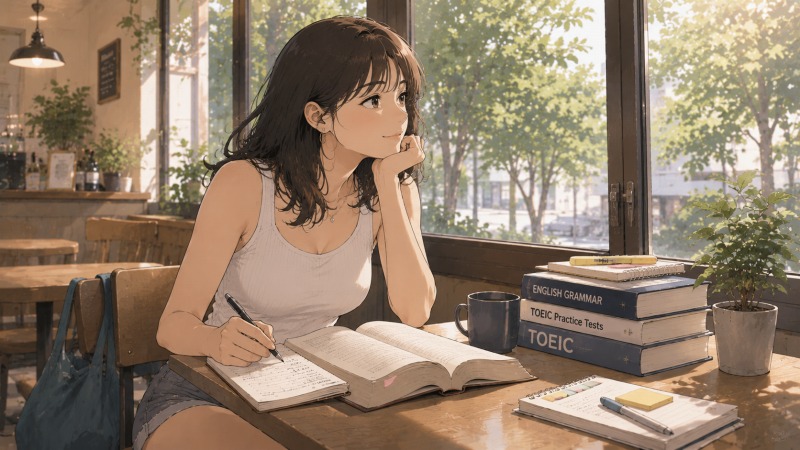 休日のカフェで、女性が洋書やTOEIC教材を開きながら穏やかな表情で勉強している。転職後に自分らしい働き方を見つけ、英語学習を趣味として続けながら将来の副業やキャリアを前向きに考えている様子を描いたイラスト。